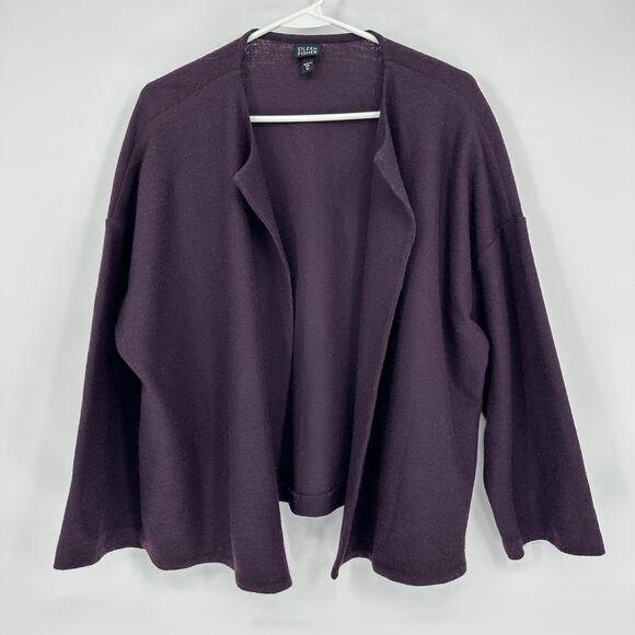 Eileen Fisher Sweater Womens Medium Purple Open Front Cardigan 100% Wool USA - Picture 1 of 10